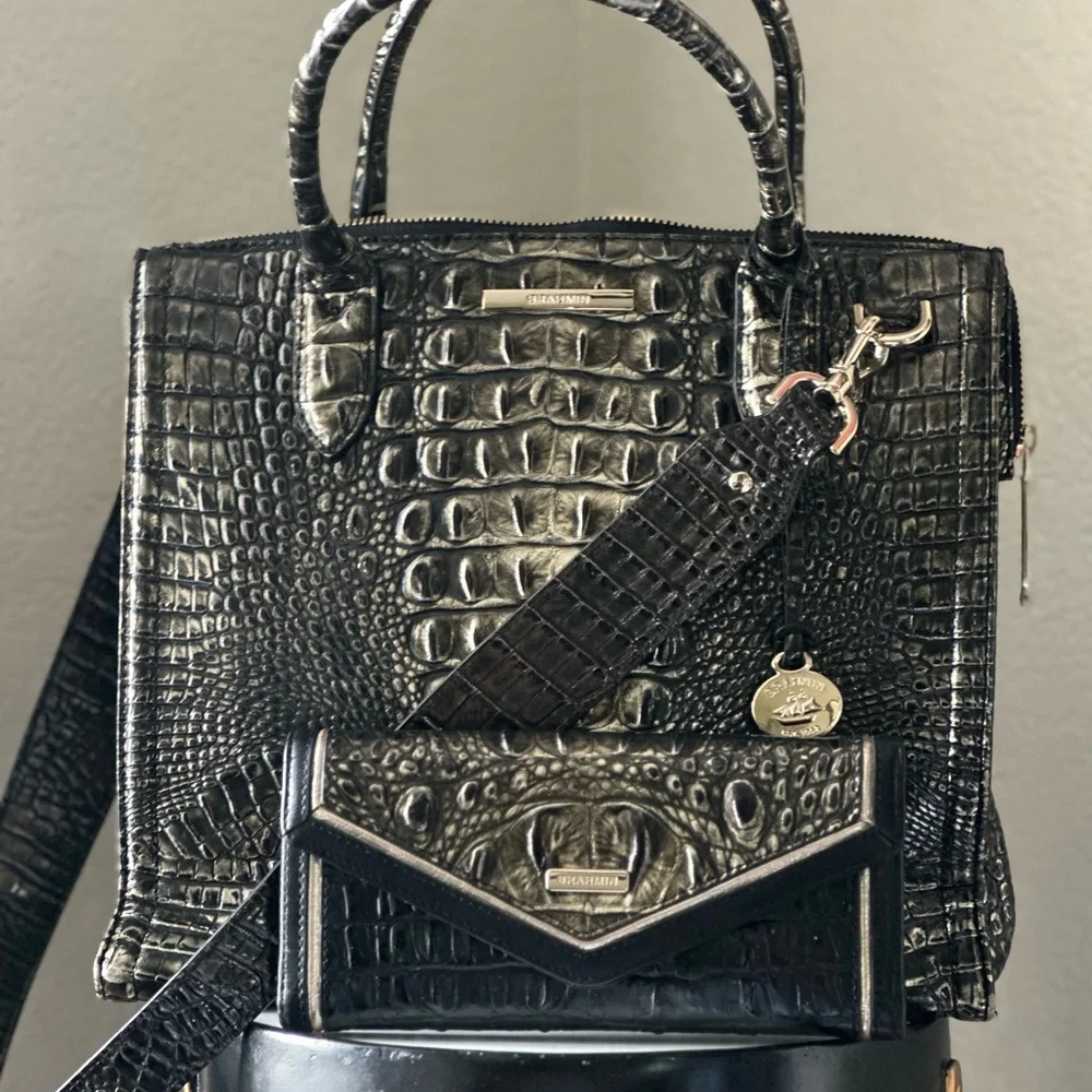 Brahmin Black Embossed Satchel and Wallet Set - Picture 1 of 5